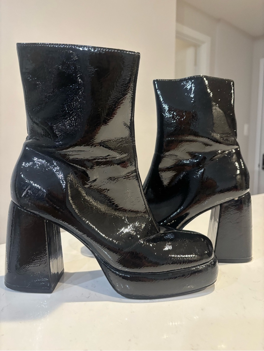 Steve Madden Black Patent Platform Block Heel Ankle Boots